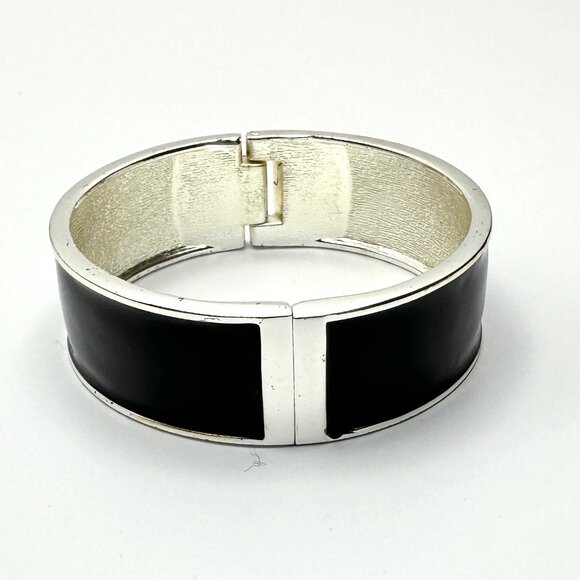 Black Enamel Magnetic Clamper Bracelet Silver Tone Wide Band Size 7 EUC - Picture 3 of 6